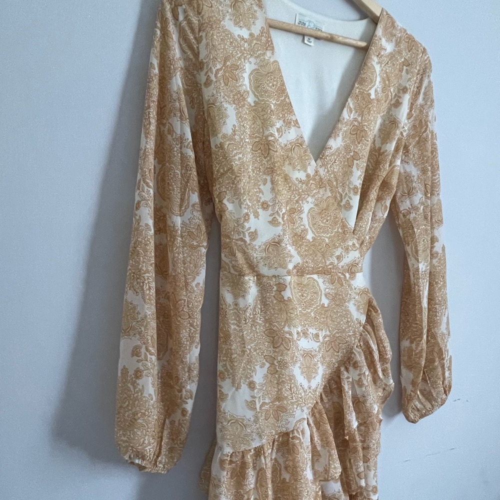 Long Sleeve Tan & White Printed Dress